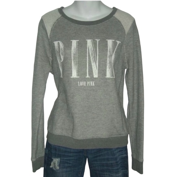 Victorias Secret Pink Sweatshirt Distressed Gray Fray Athlleisure Casual Sporty - Picture 1 of 8